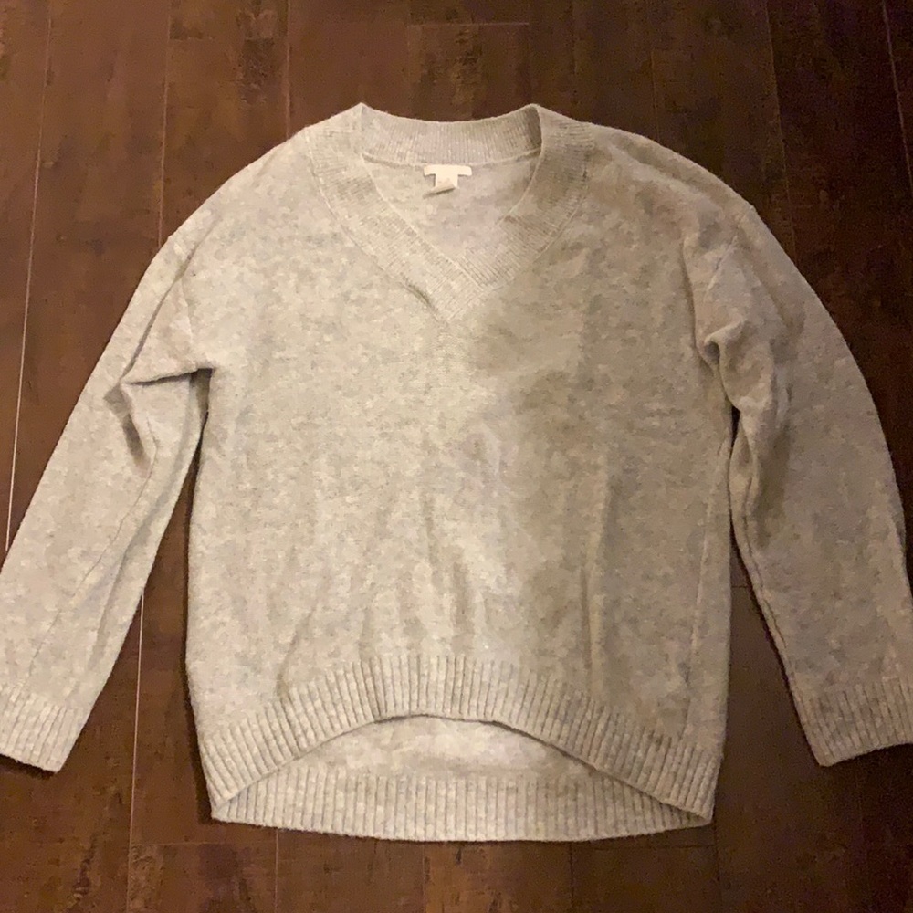 grey v-neck long sweater